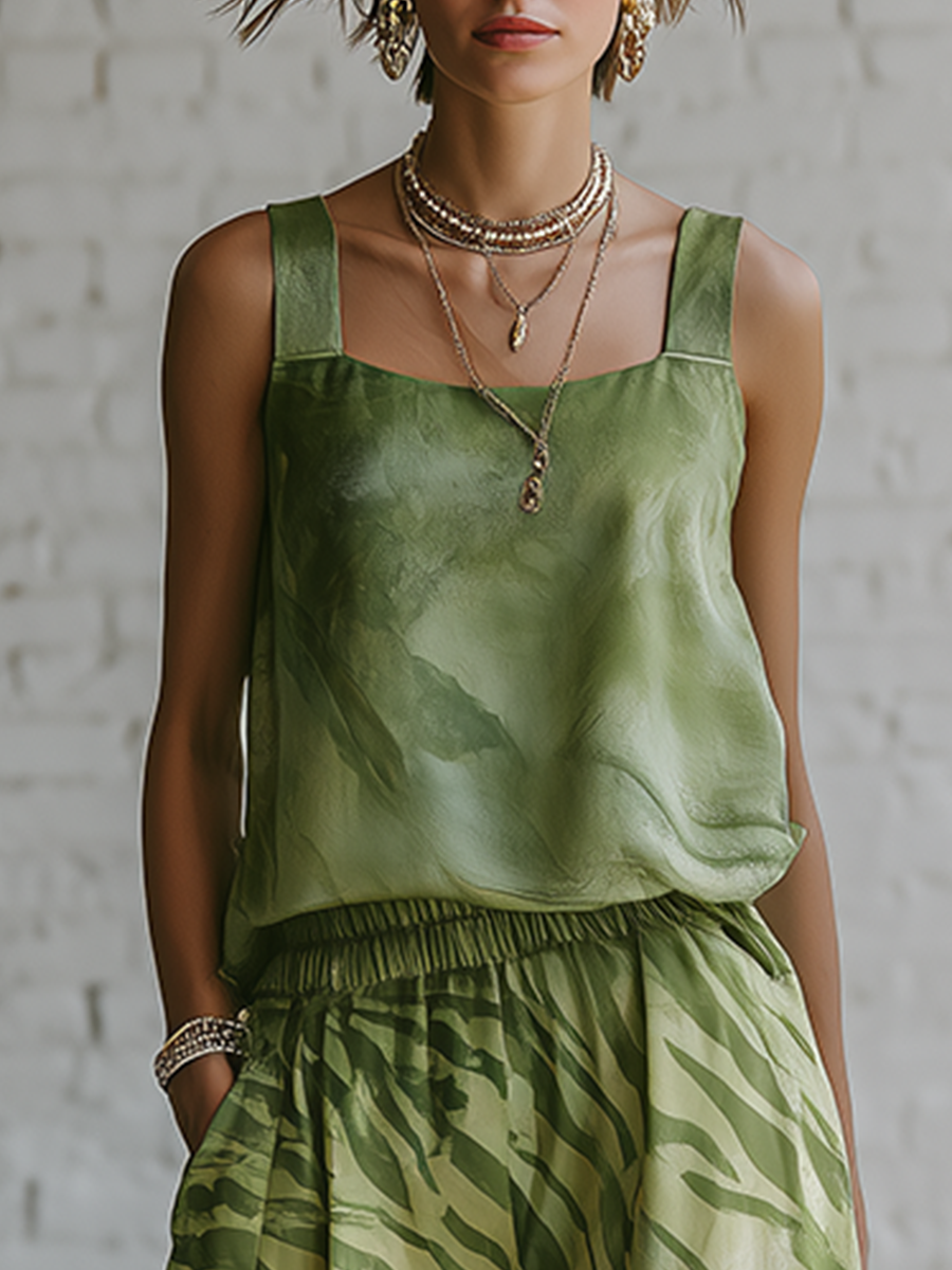 Casual Green Chiffon Sleeveless Top And Green Zebra Print Wide Leg Pants Set