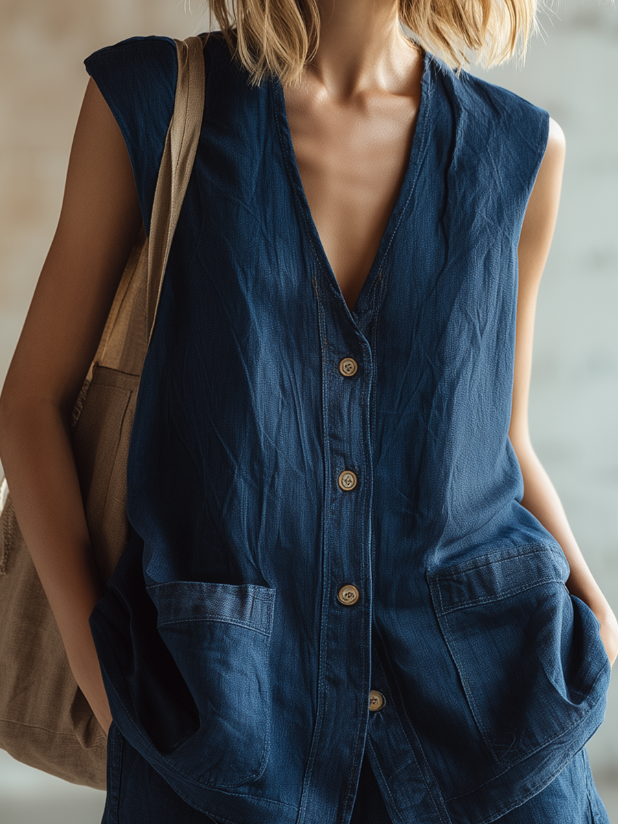 Stylish Simple Sleeveless V-Neck Button-Front Pockets Top And Shorts Denim Blue Set