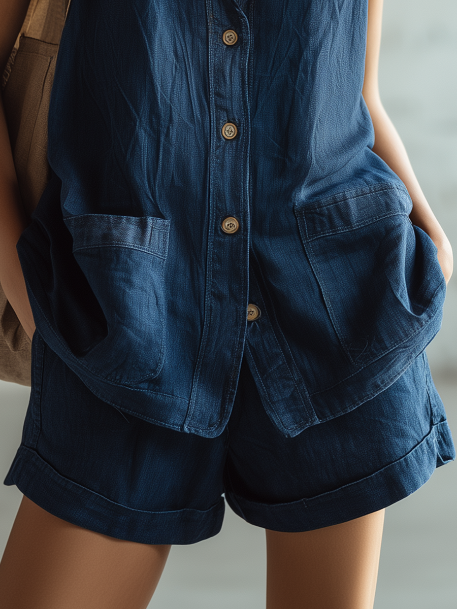 Stylish Simple Sleeveless V-Neck Button-Front Pockets Top And Shorts Denim Blue Set