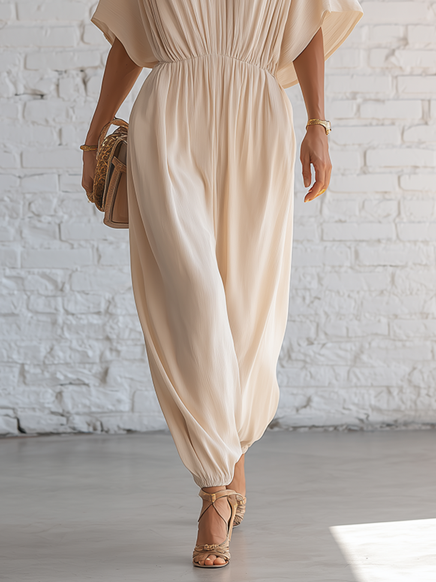 Vacation Style Beige V-Neck Short Sleeve Pleated Chiffon Jumpsuit