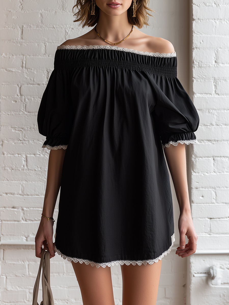Casual Black Cotton Linen Off Shoulder With Short Sleeves And Lace Splicing Mini Dress