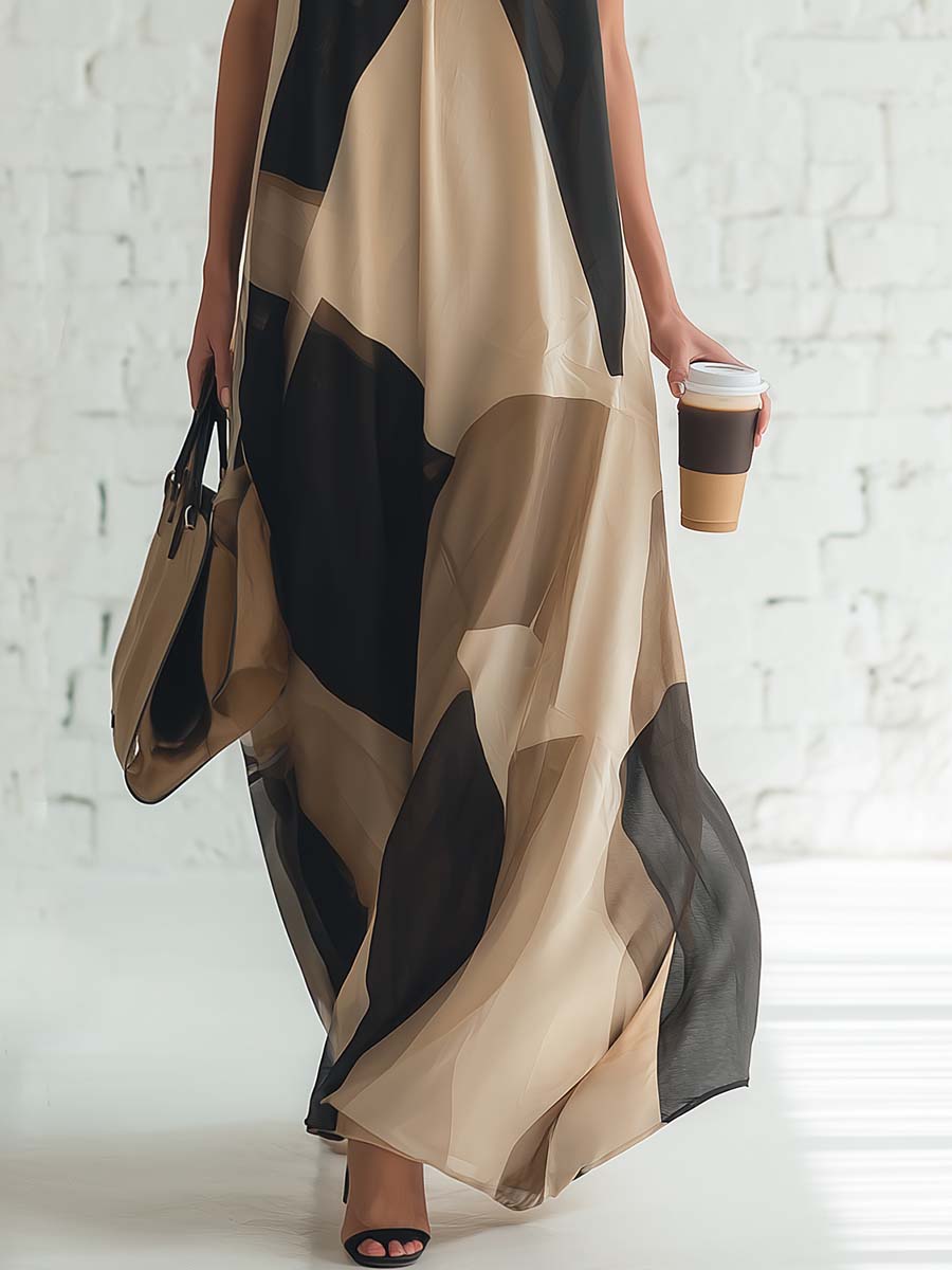 Vintage Elegant Flowing Halter-neck Black And Beige Contrasting Print Chiffon Maxi Dress
