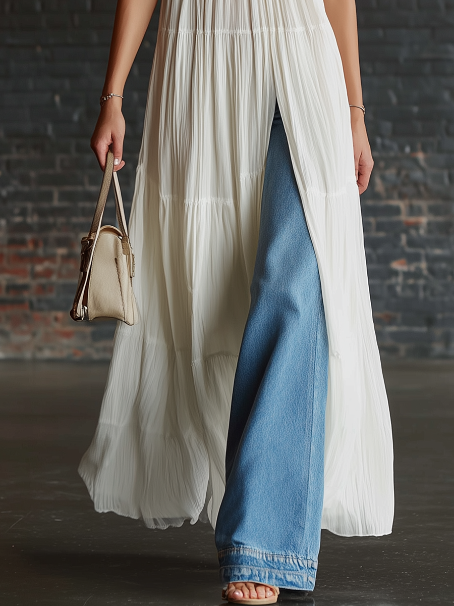 Stylish Simple Pleats Side Slits White Chiffon And Blue Jeans Set