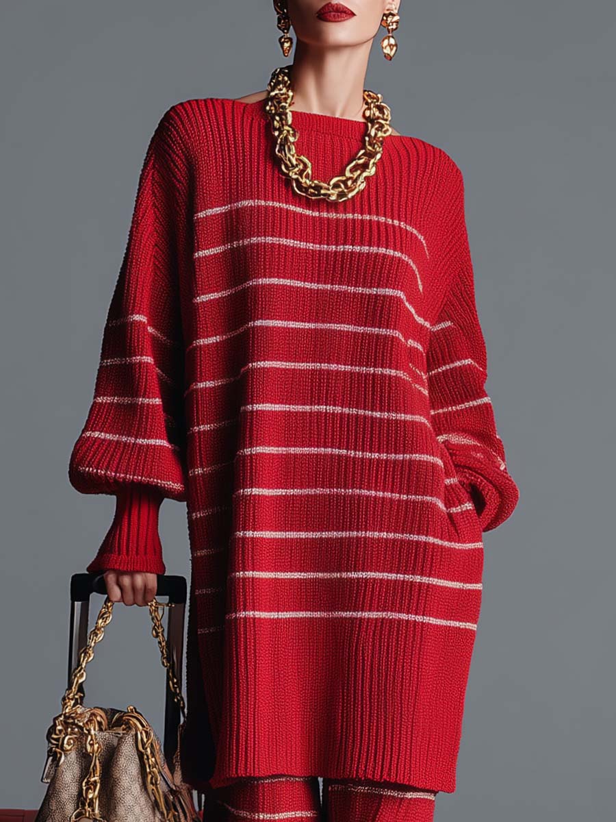 Vintage Fashion Street Red Striped Knitted Top And Pants Set