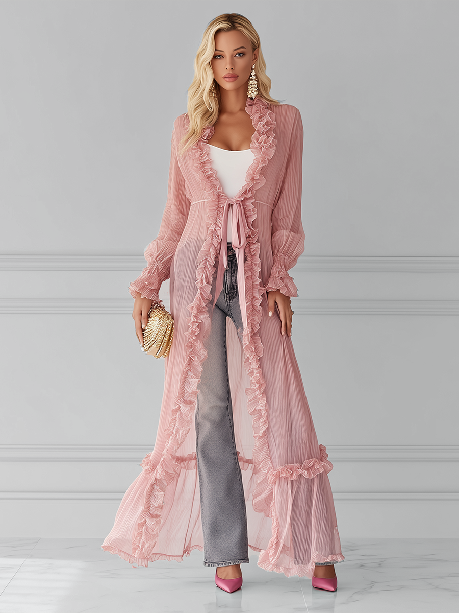 Urban Casual Pink Chiffon Ruffled Tie front Long Cardigan