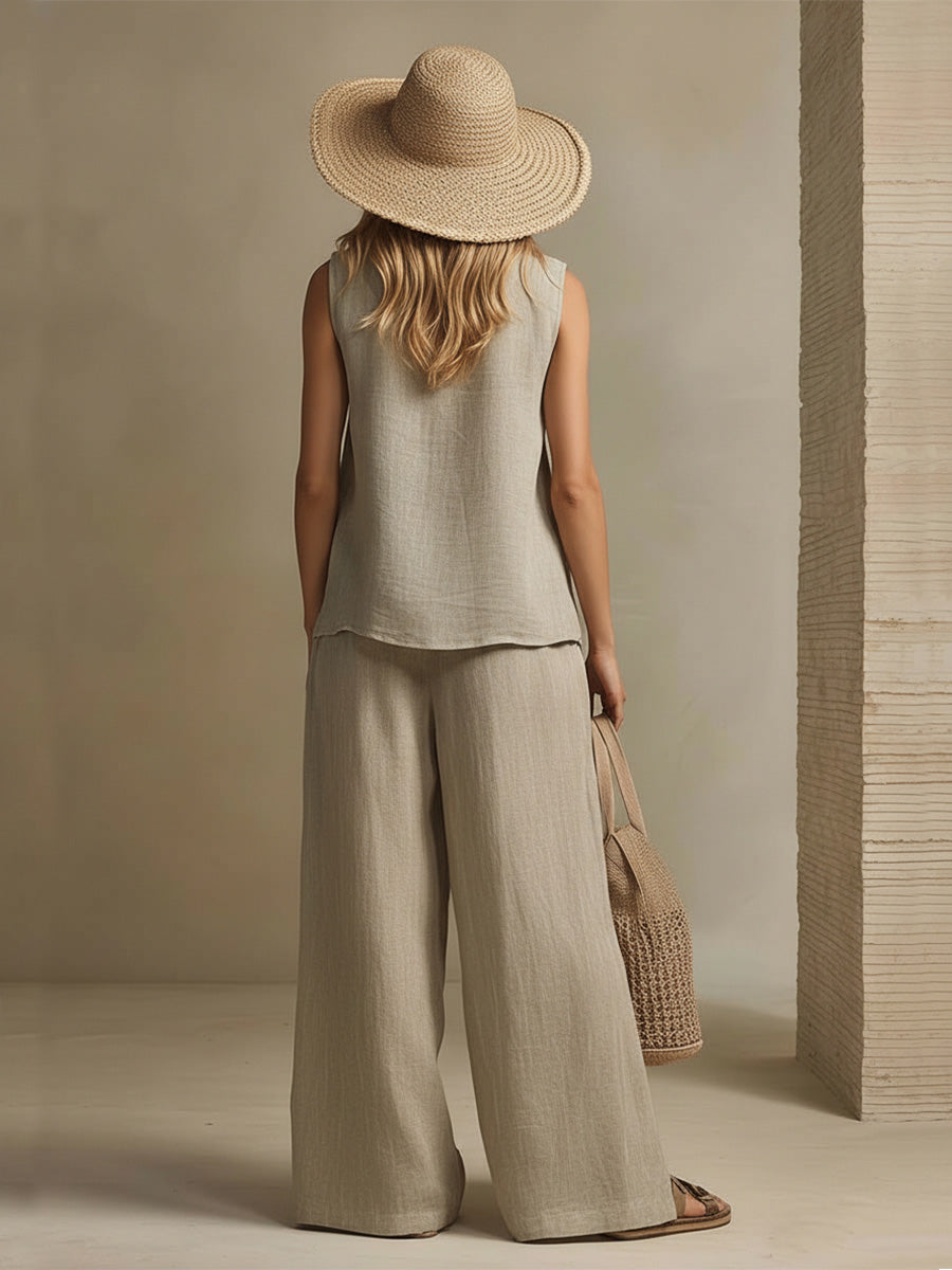 Retro Casual Beige Cotton Linen Round Neck Button-down Top And Slit Pants Set