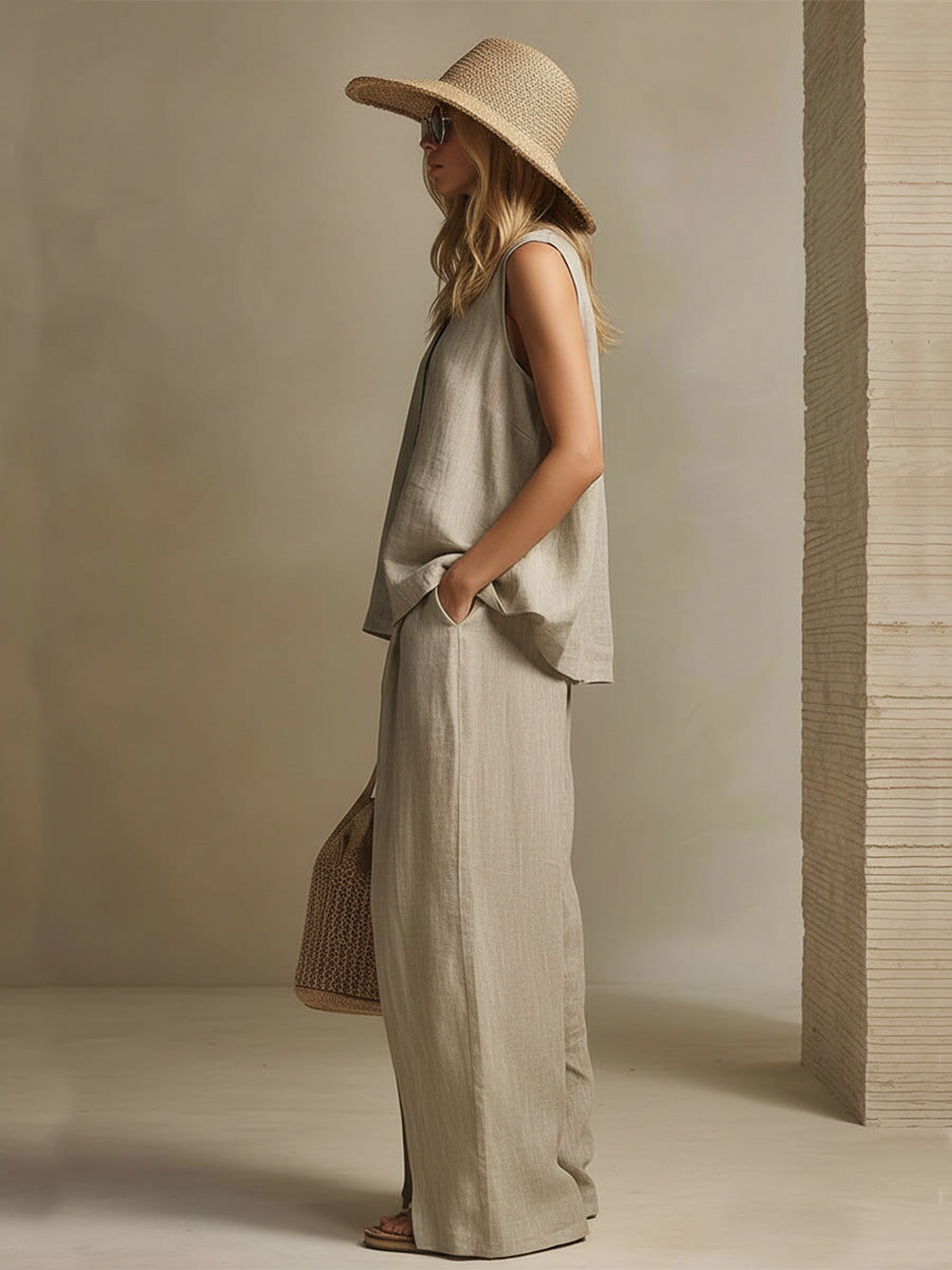 Retro Casual Beige Cotton Linen Round Neck Button-down Top And Slit Pants Set