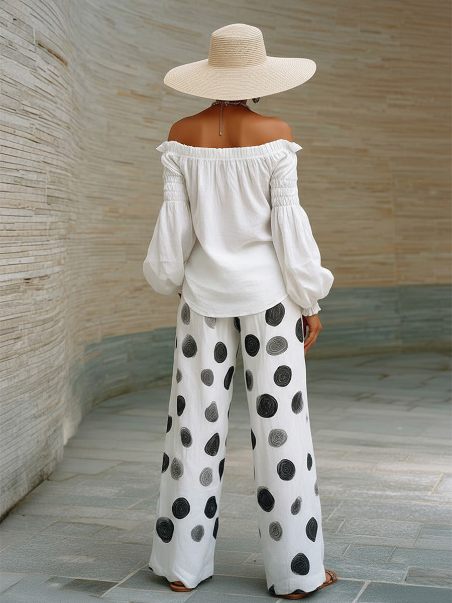 Elegant And Casual White Cotton-linen Off-shoulder Top And Polka Dot Pants Set