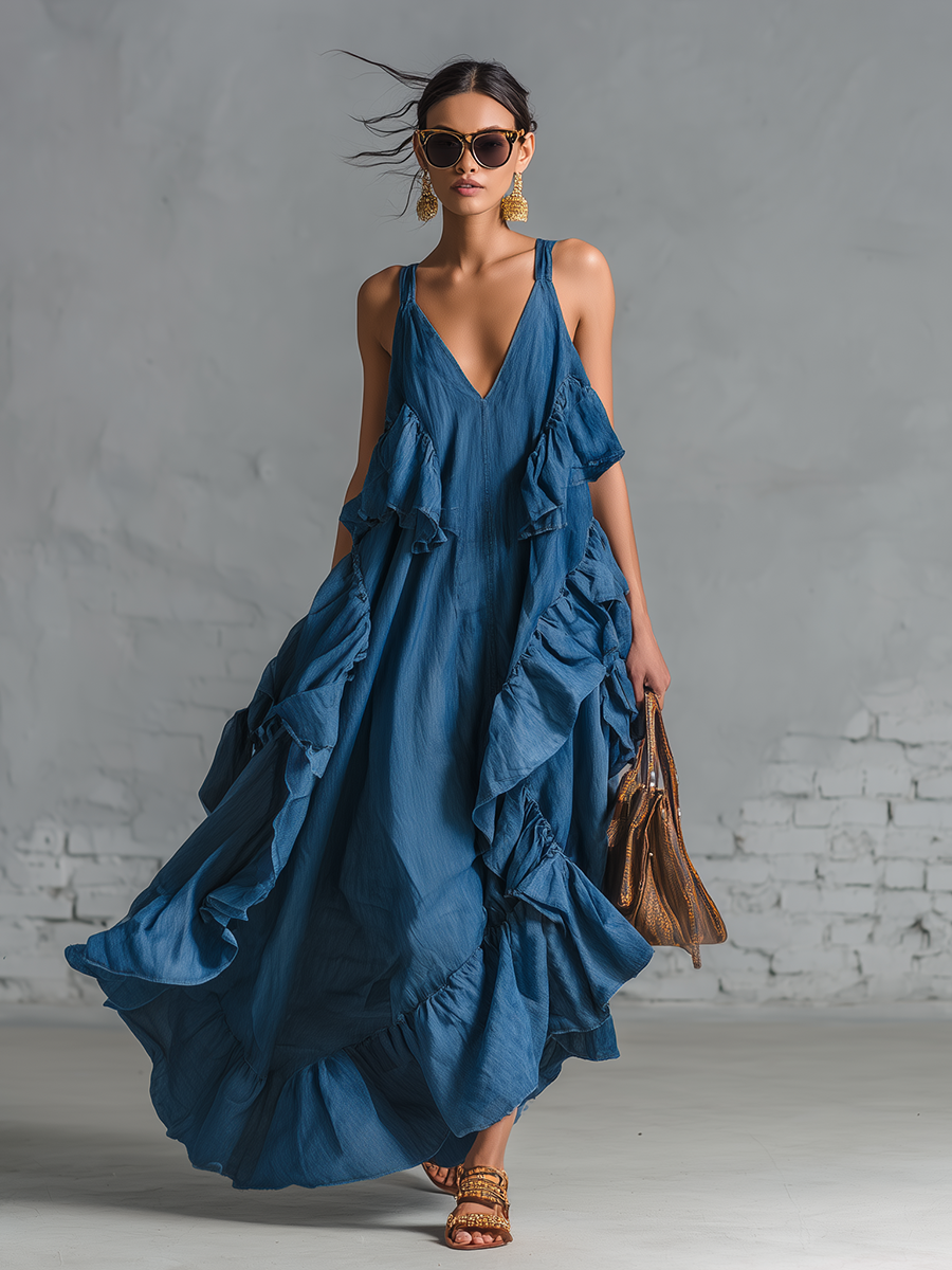 Stylish Simple Loose-fitting Sleeveless V-neck Strap Ruffle Blue Cotton Maxi Dress