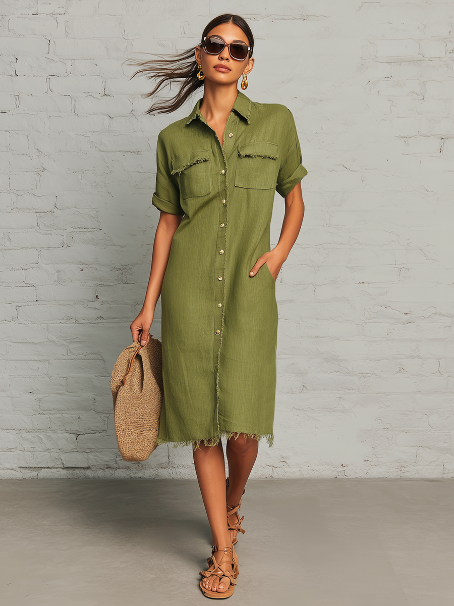 Retro-chic Loose-fitting Short-sleeved Collared Front Buttons Pockets Frayed Edges Green Linen Midi Dress