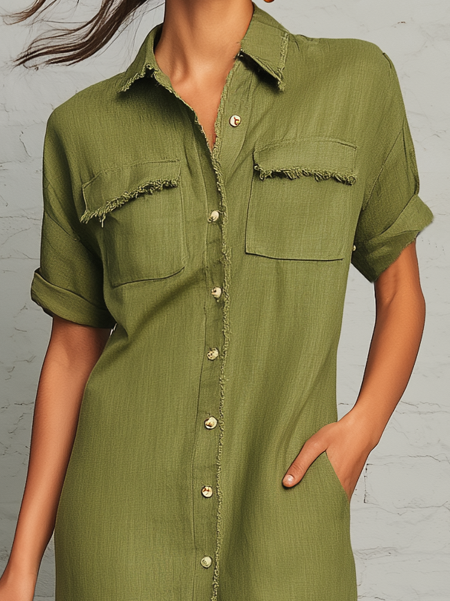 Retro-chic Loose-fitting Short-sleeved Collared Front Buttons Pockets Frayed Edges Green Linen Midi Dress