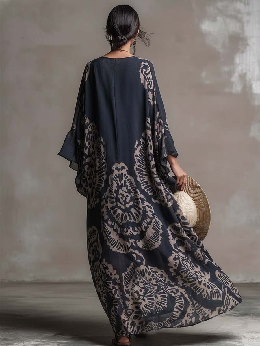 Elegant And Flowing Retro Print V-neck Dark Blue Chiffon Slit Maxi Dress