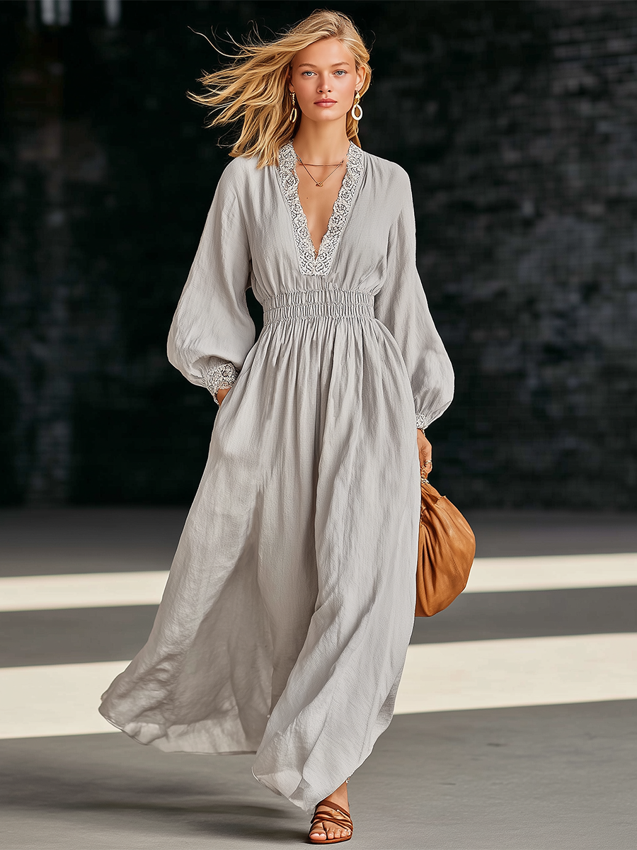 Retro Gray Cotton Linen V-neck Lace Patchwork Maxi Dress