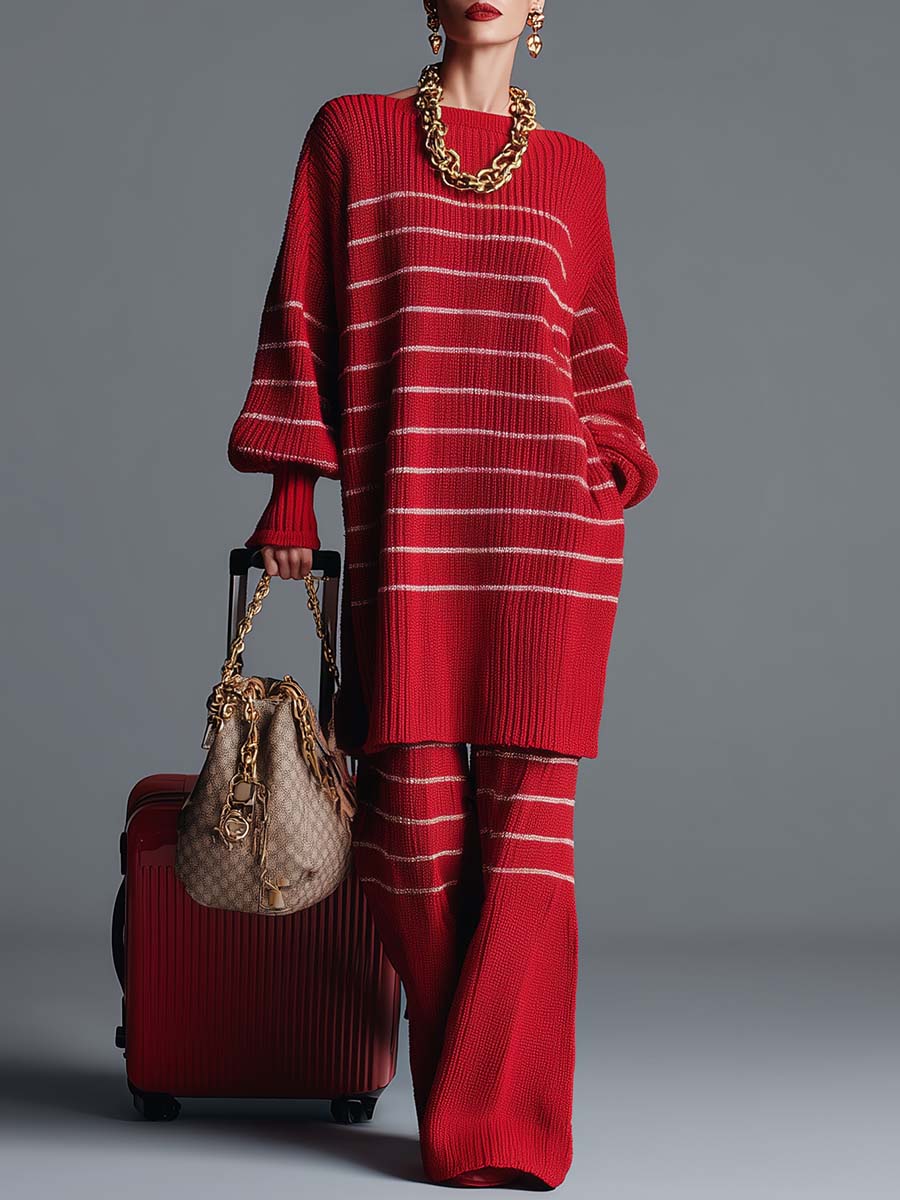 Vintage Fashion Street Red Striped Knitted Top And Pants Set