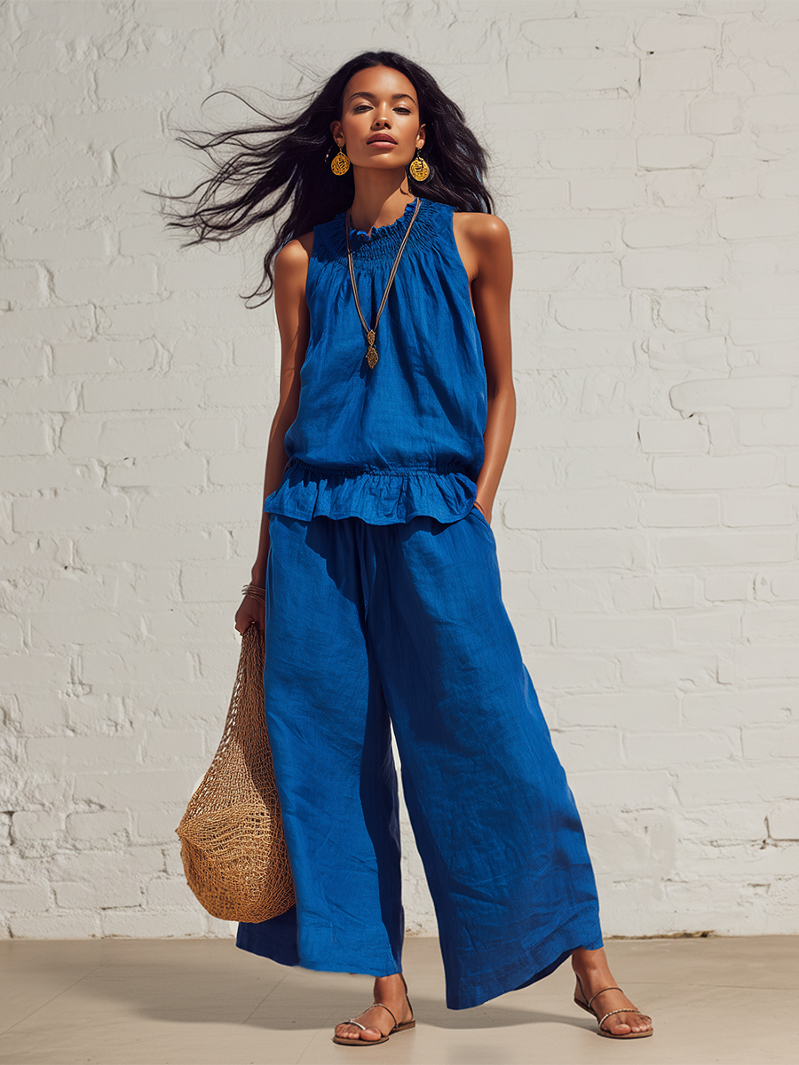 Urban Blue Cotton Linen Sleeveless Ruffled Top And Wide Leg Pants Set