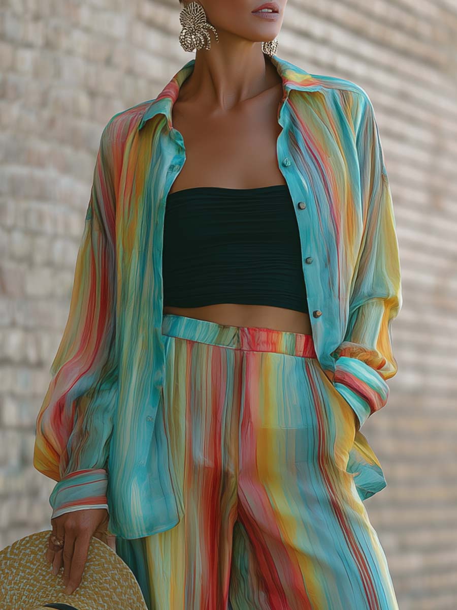 Retro Casual Loose Rainbow Striped Print Chiffon Shirt And Pants Set