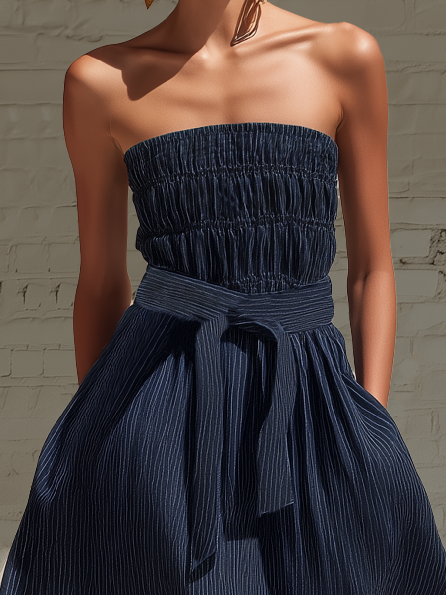 Stylish Simple Sleeveless Off-Shoulder Shirred-Bust Blue And White Stripes Cotton Maxi Dress