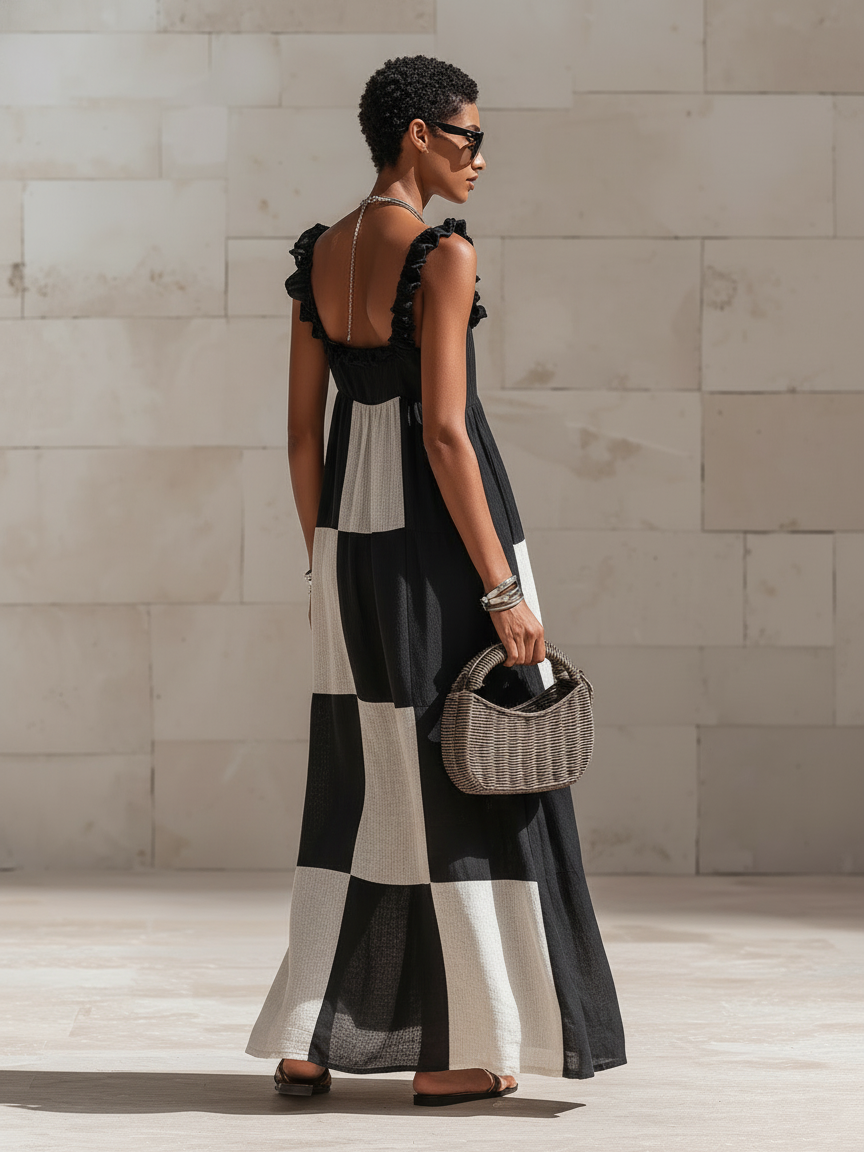 Stylish Minimalist Sleeveless White Square-Panel Ruffled Straps Black Cotton Maxi Dress