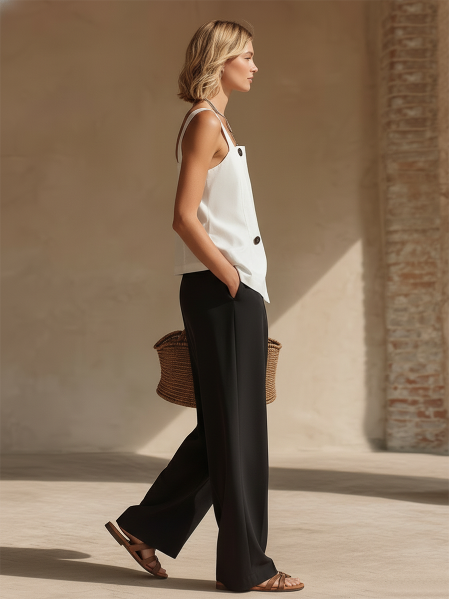 Stylish Minimalist Sleeveless White Square Neckline Straps Button Top And Black Wide-Leg Pant Cotton Set