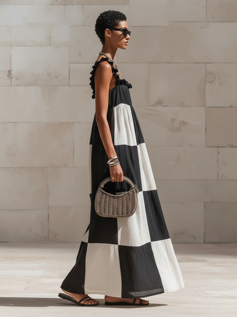 Stylish Minimalist Sleeveless White Square-Panel Ruffled Straps Black Cotton Maxi Dress