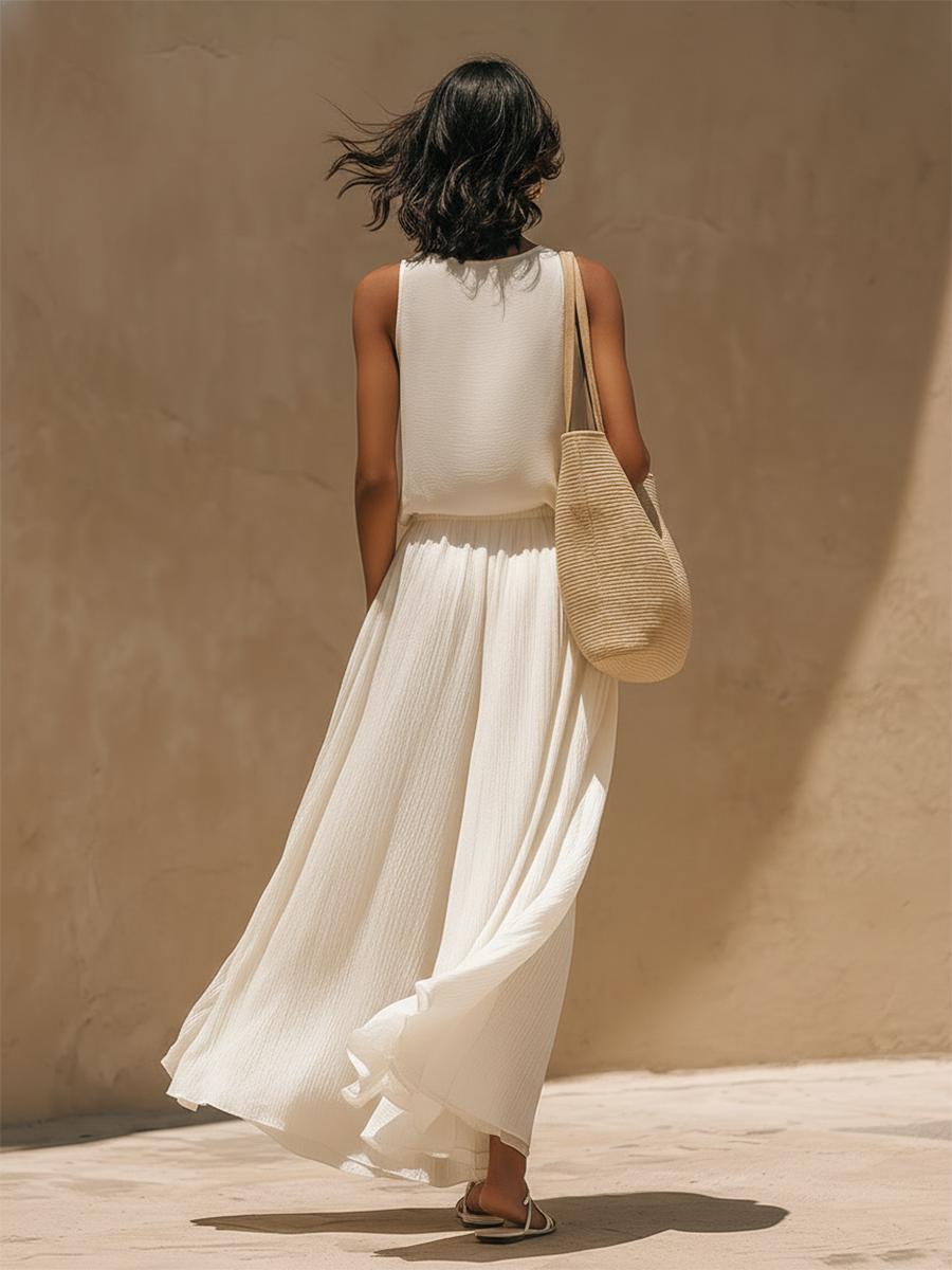Stylish Simple Loose-fitting Sleeveless Round-neck Top And Pleated Long Skirt White Chiffon Set