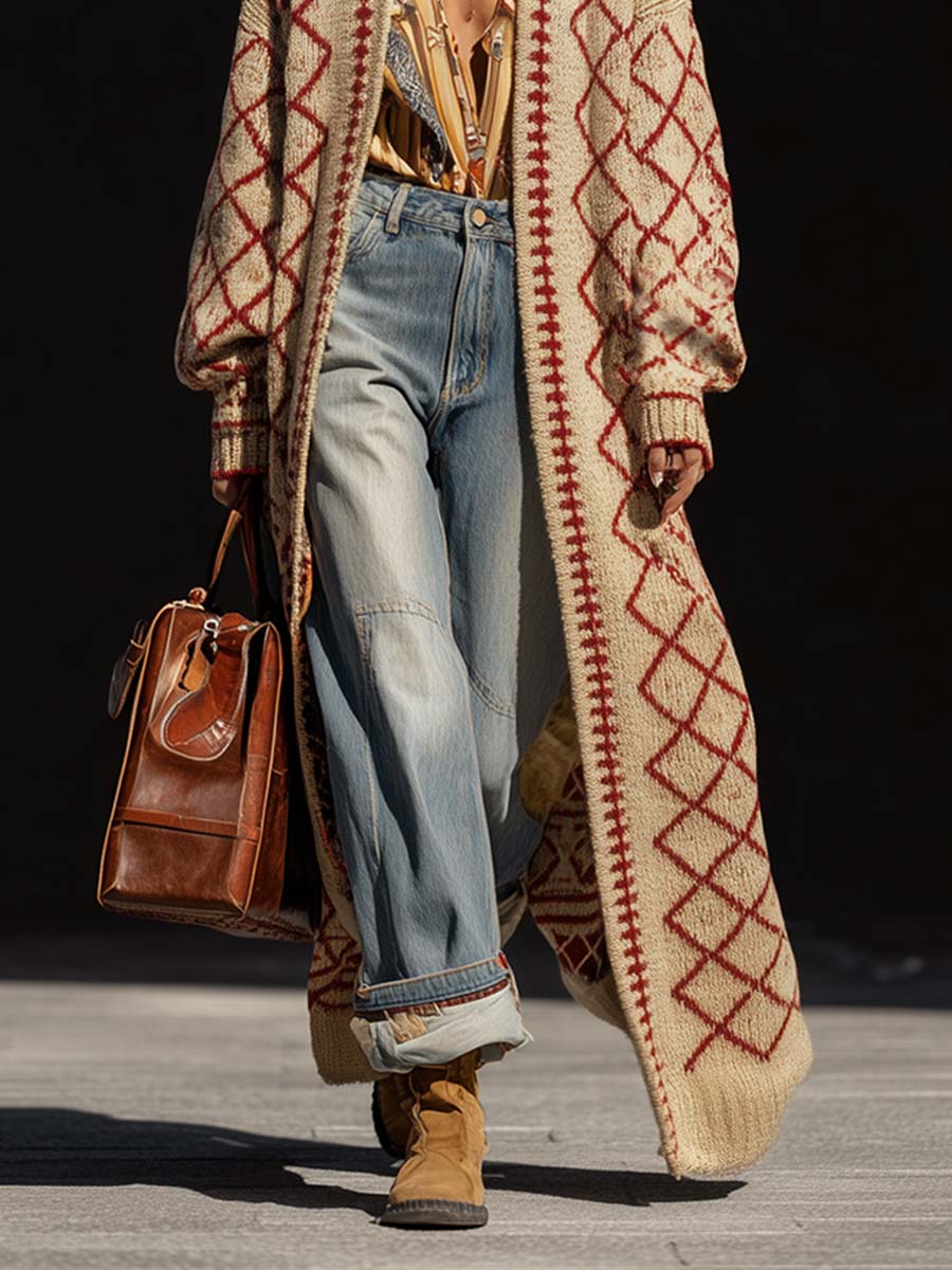 Vintage Classic Diamond Pattern Beige Cardigan Sweater