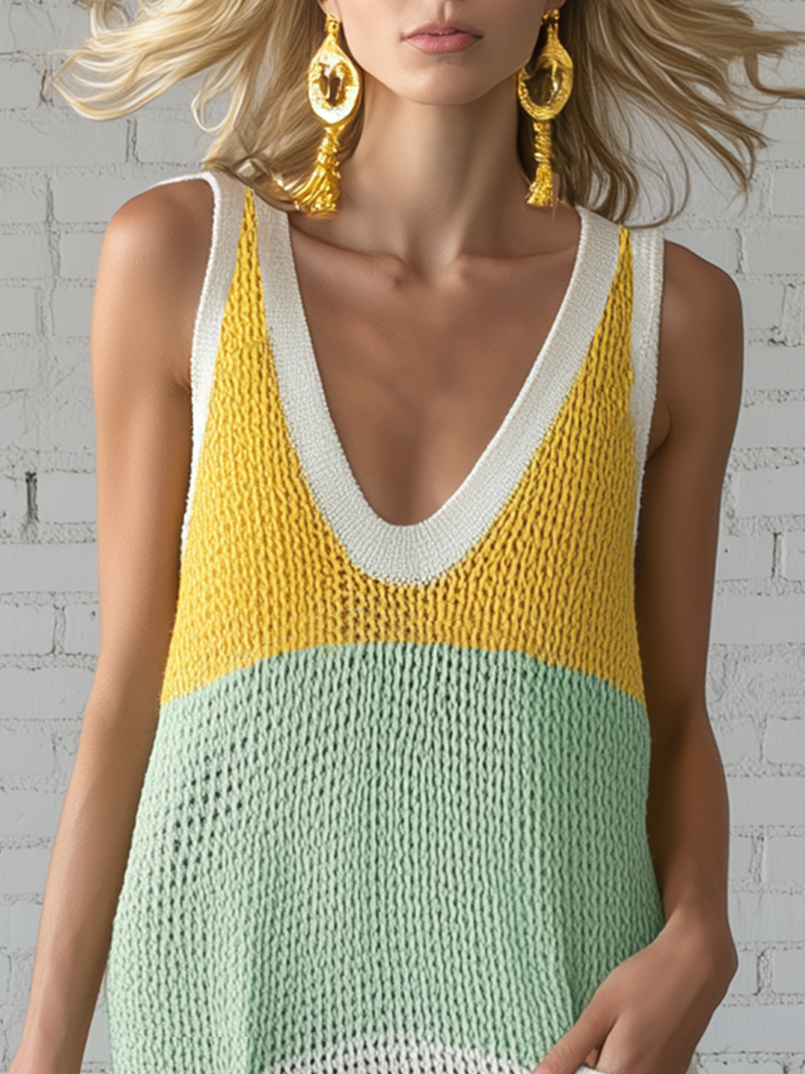 Casual V-neck Sleeveless Knitted With Yellow And Green Stripes Maxi Dress