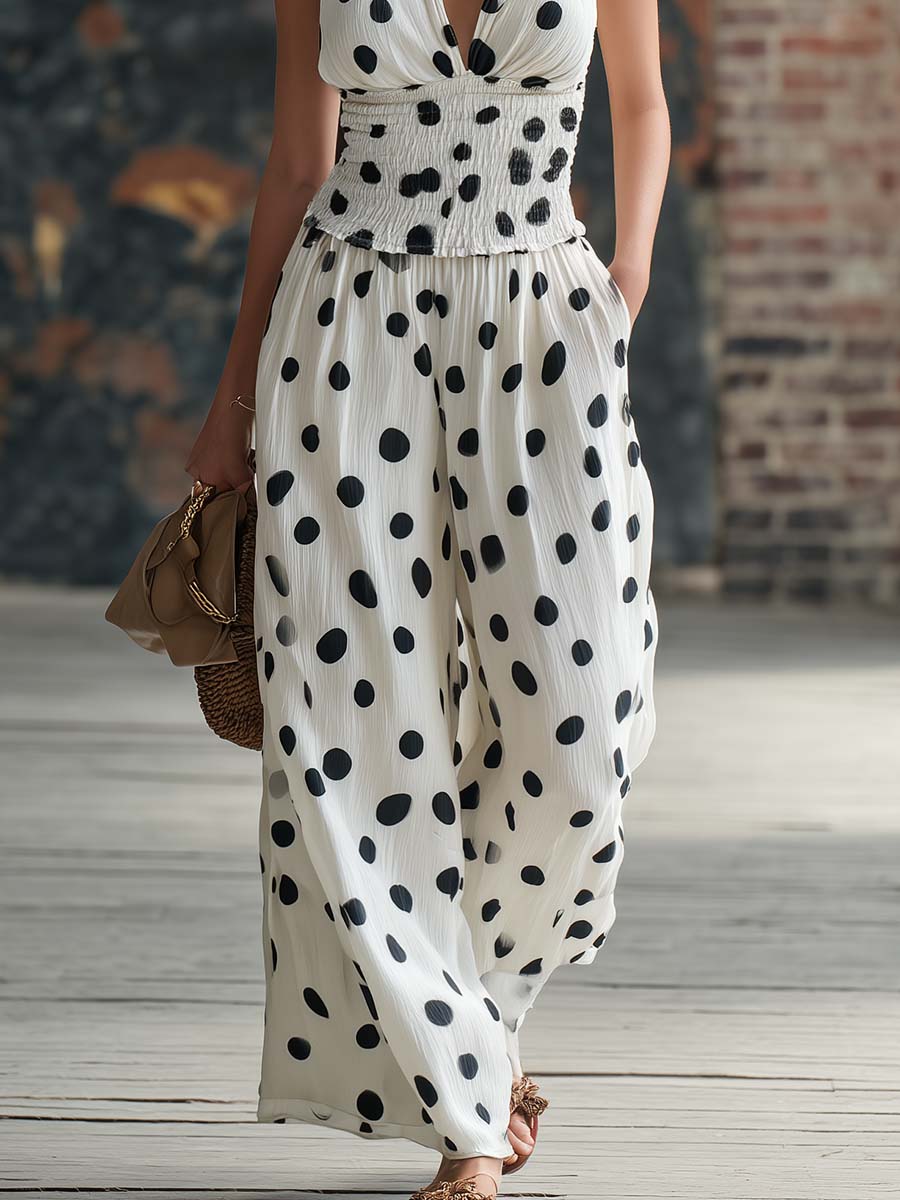 Retro-chic Polka Dot Print White Chiffon V-neck Top And Trousers Set