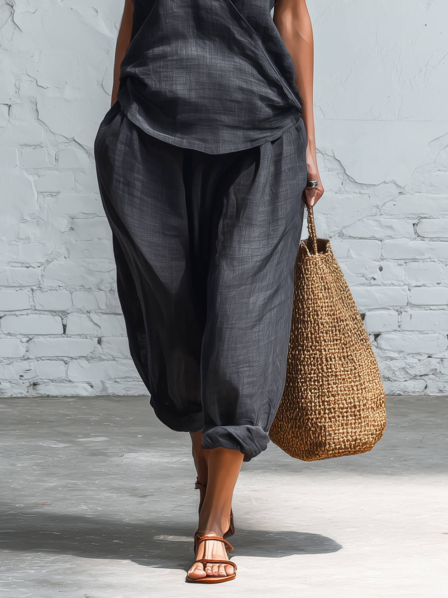 Casual Grey Linen Wrap Front Sleeveless Top And Wide Leg Pants Set