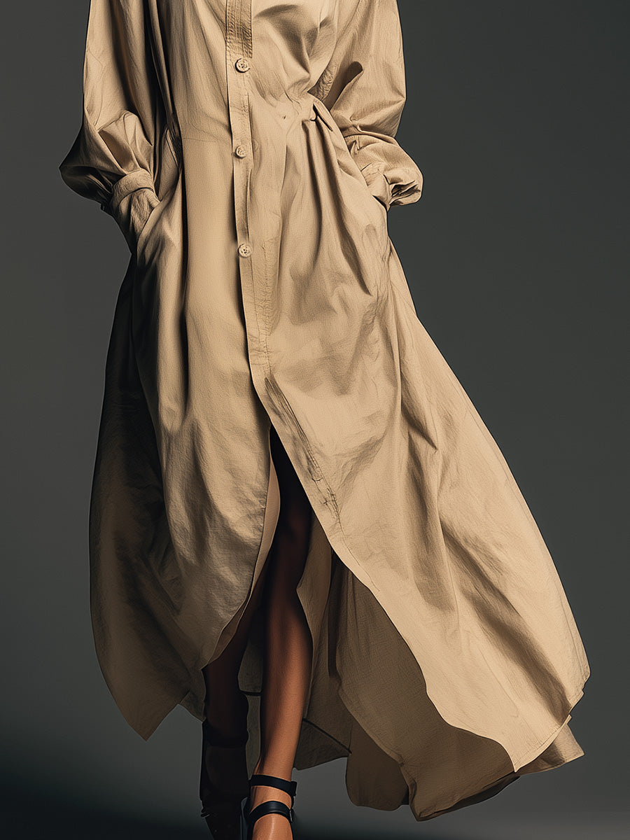 Retro Classic Fashion Stand Collar Front Button Slit Khaki Cotton Trench Coat Maxi Dress