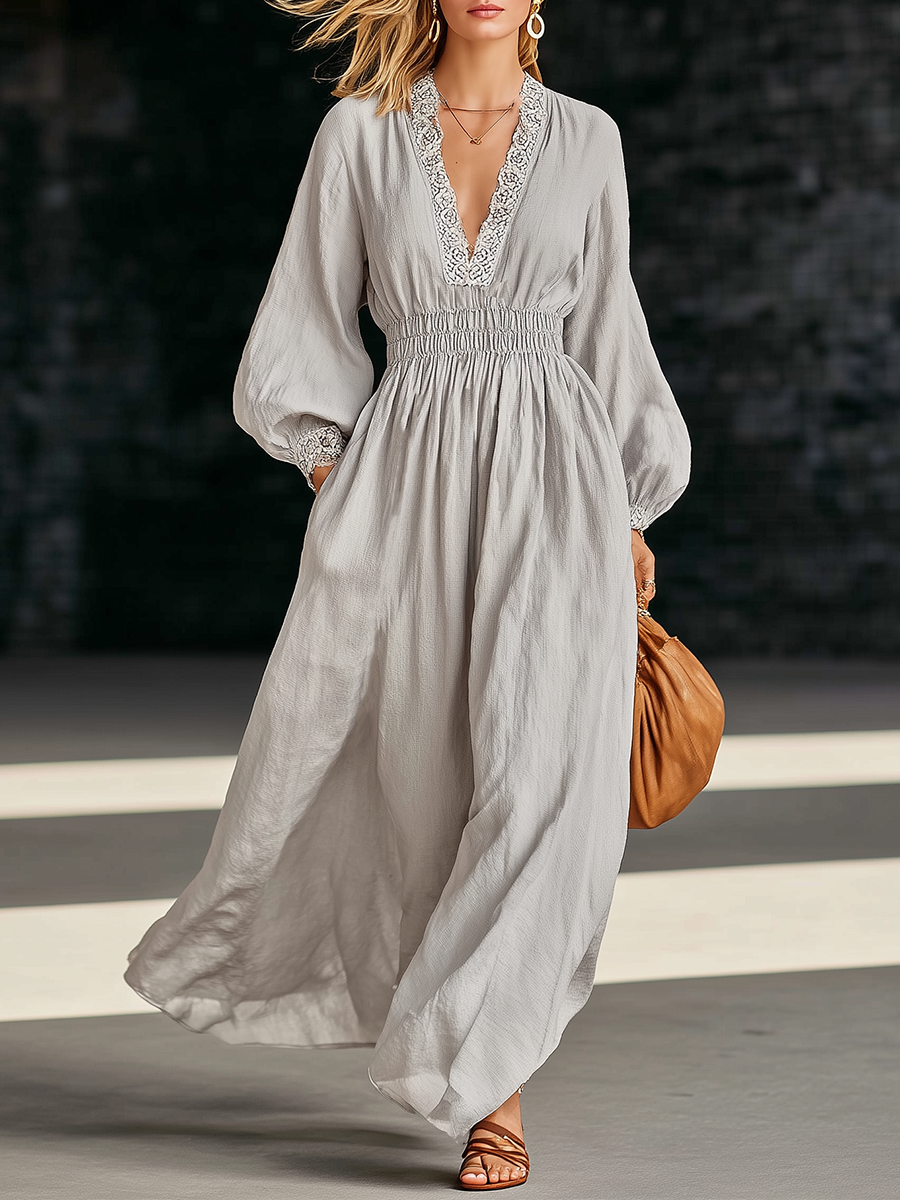 Retro Gray Cotton Linen V-neck Lace Patchwork Maxi Dress