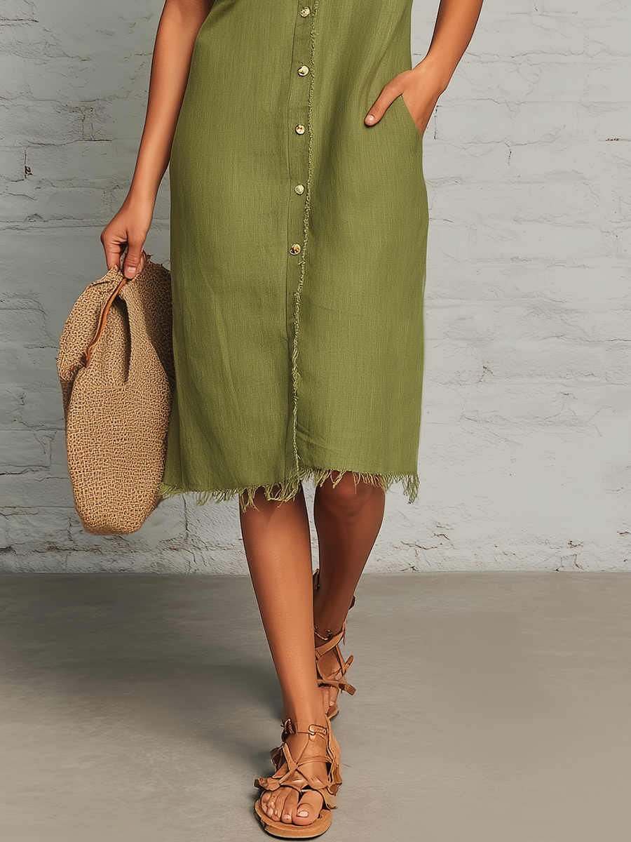 Retro-chic Loose-fitting Short-sleeved Collared Front Buttons Pockets Frayed Edges Green Linen Midi Dress