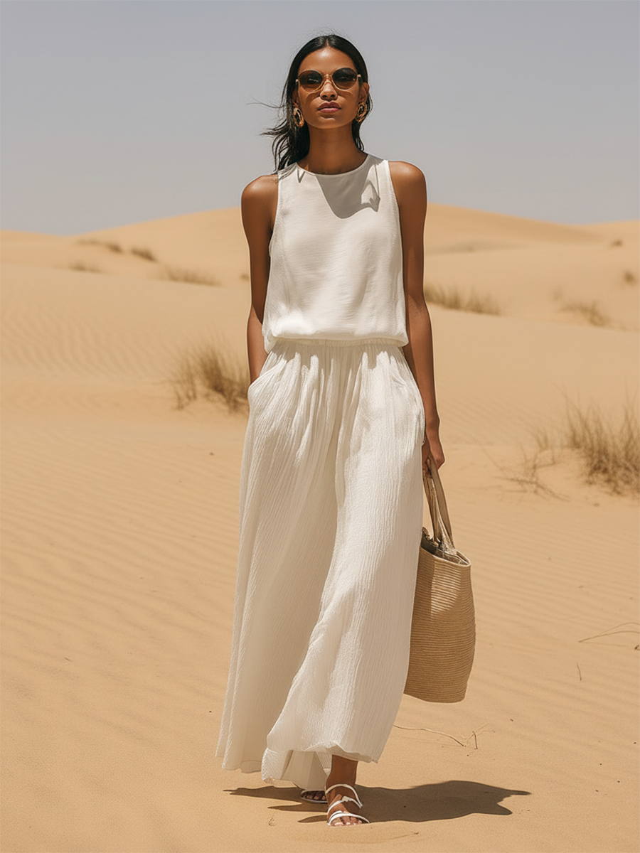 Stylish Simple Loose-fitting Sleeveless Round-neck Top And Pleated Long Skirt White Chiffon Set
