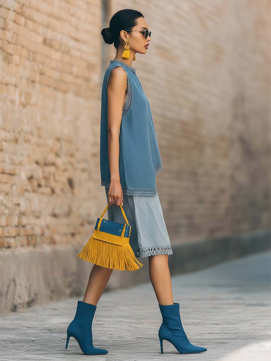 Casual Urban Style Lace-trimmed V-neck Asymmetrical Blue Denim Top And Shorts Set