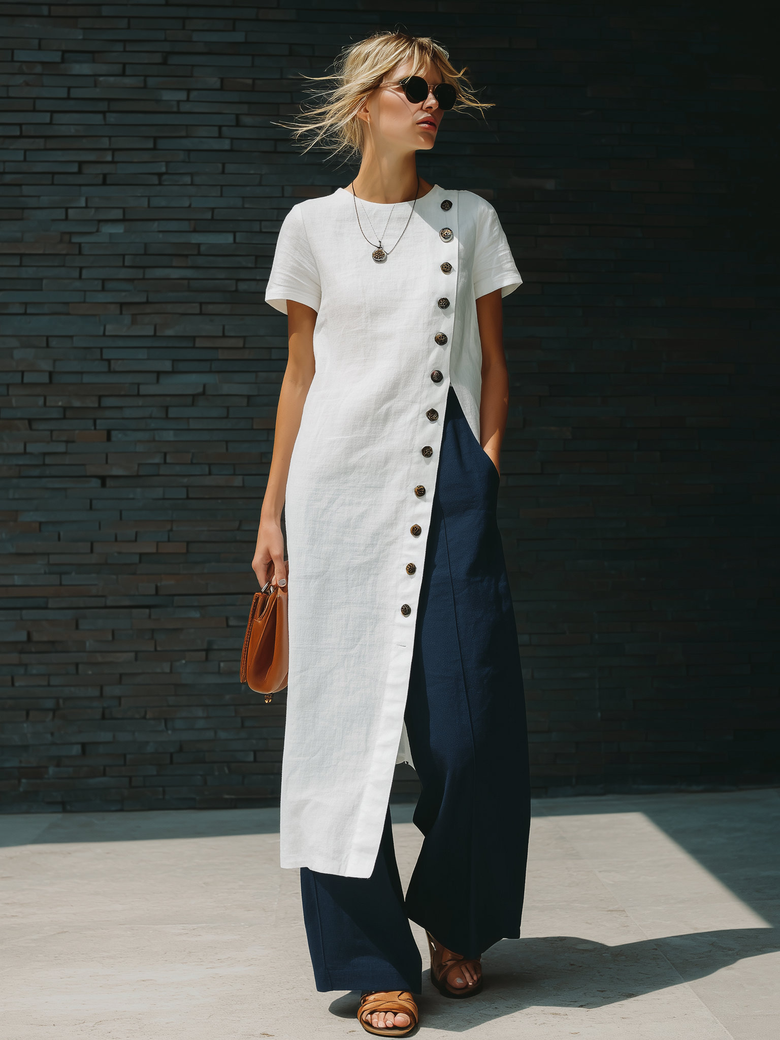 Stylish Simple Short-sleeved Slanted Placket Button Slit White Long Skirt Top And Navy Blue Trousers Cotton Set