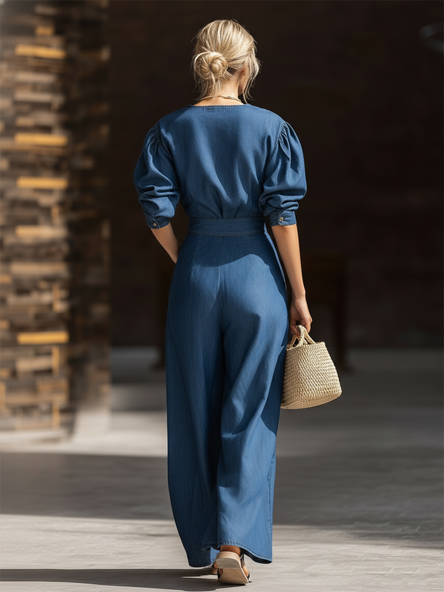 Retro-chic One-shoulder Asymmetrical Collar Top And Large-pocket Skirt Denim Set