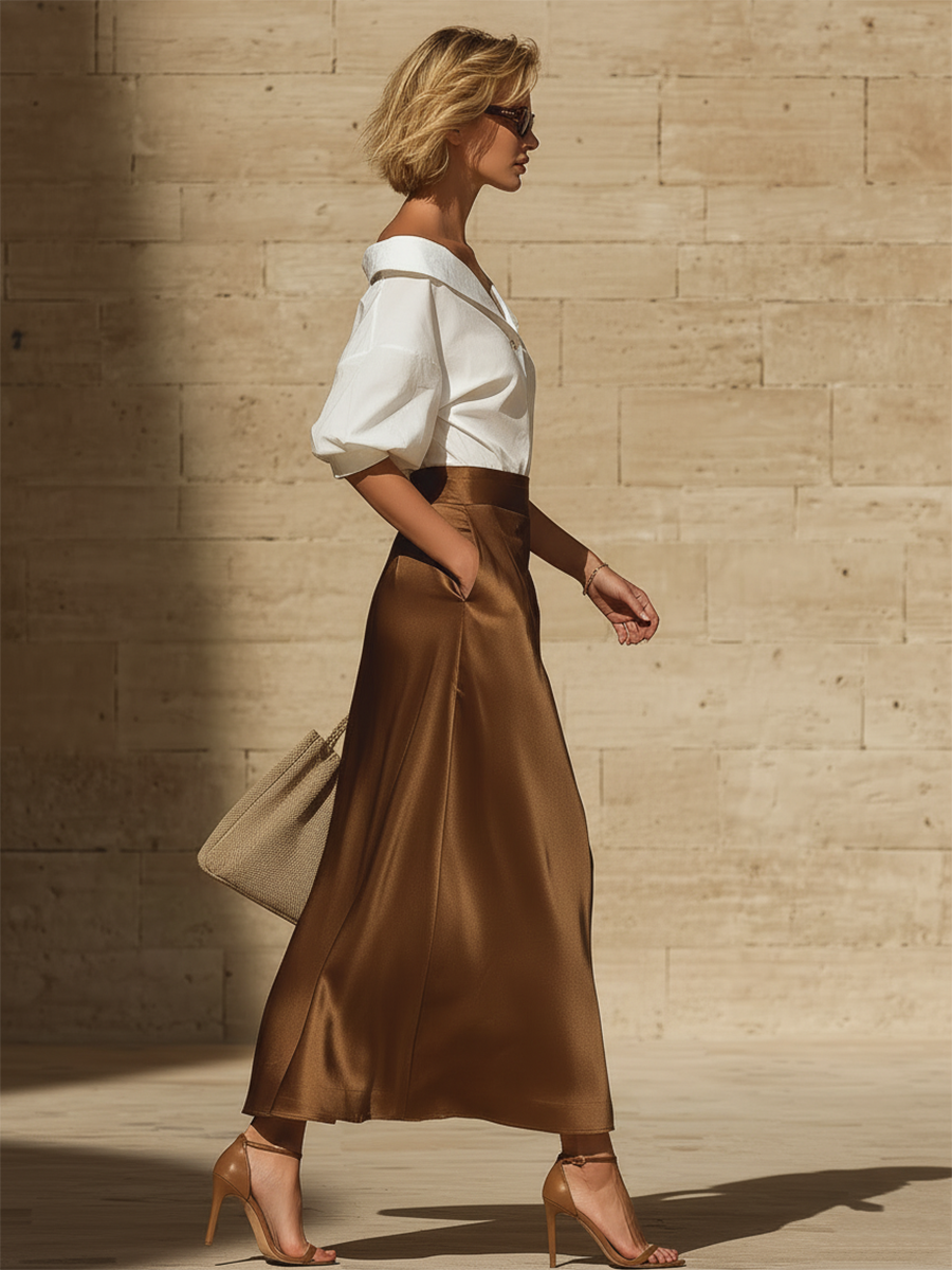 Stylish Minimalist Off-Shoulder Front Buttons White Cotton Top And Brown Front-Slit Satin Skirt Set