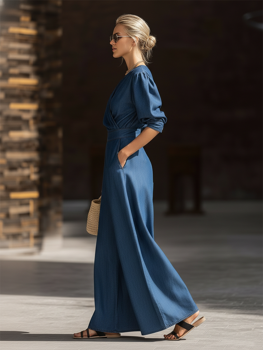 Retro-chic One-shoulder Asymmetrical Collar Top And Large-pocket Skirt Denim Set