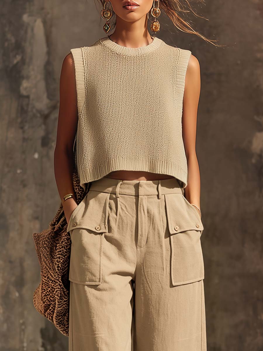 Casual Breathable Urban Style Beige Knitted Top And Cotton Pants Set