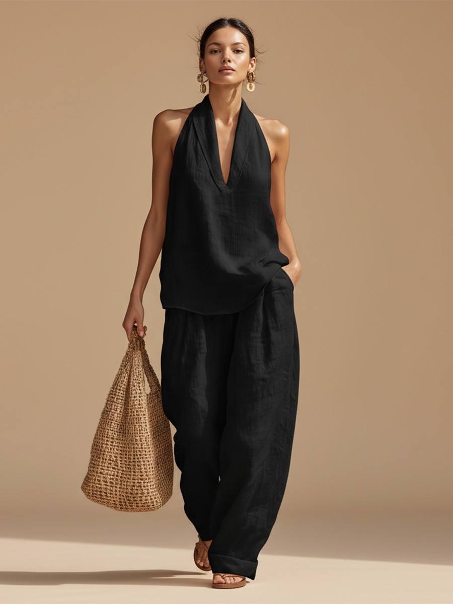 Casual Urban Style White Linen V-neck Sleeveless Top And Wide Leg Pants Set