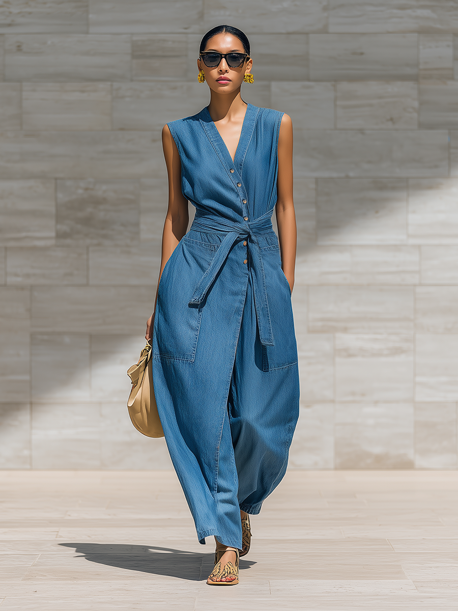 Retro-style Loose-fitting Sleeveless Irregular Front Button Closure Waist Tie Pockets Denim Blue Jumpsuit