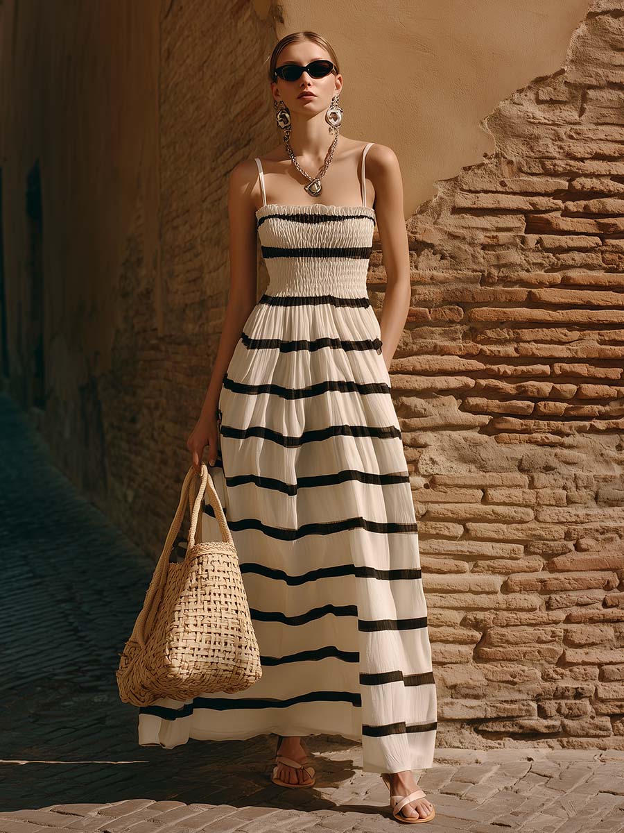 Elegant Retro Black Striped Off-white Chiffon Slip Dress