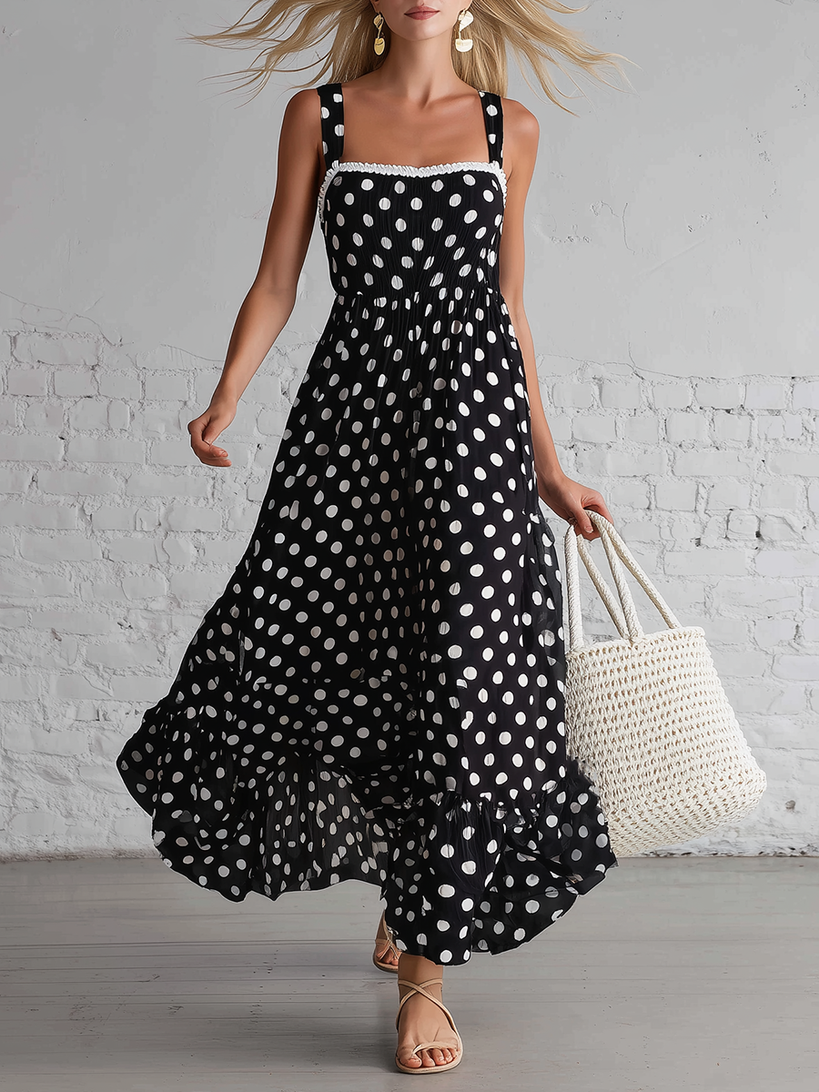 Resort Style Black Polka Dot Sleeveless Lace Patchwork Maxi Dress
