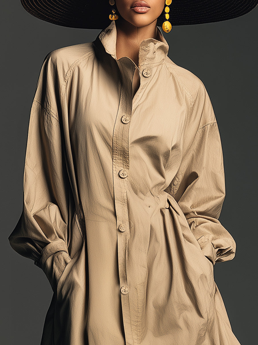 Retro Classic Fashion Stand Collar Front Button Slit Khaki Cotton Trench Coat Maxi Dress