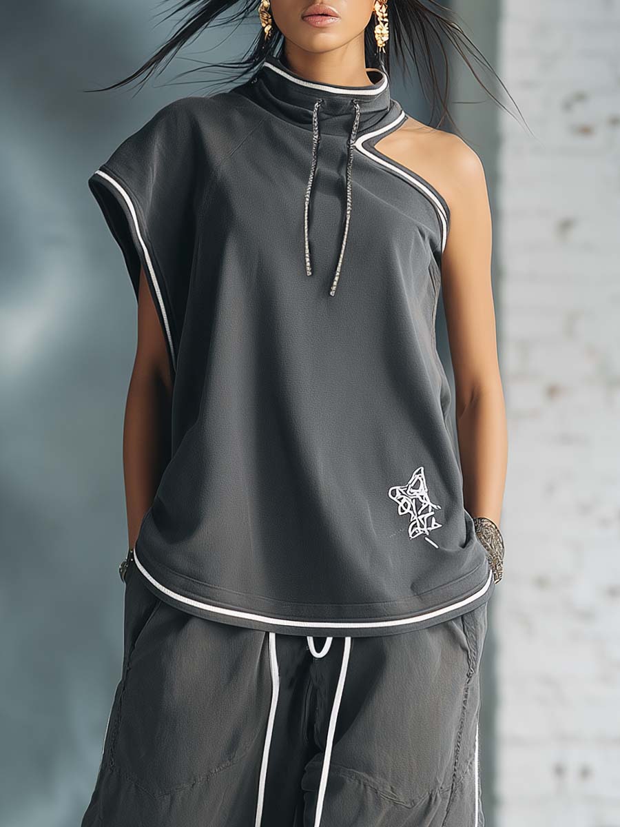 Casual Athletic Workwear Style Stand-up Collar One-shoulder Gray Cotton Top And Pants Set