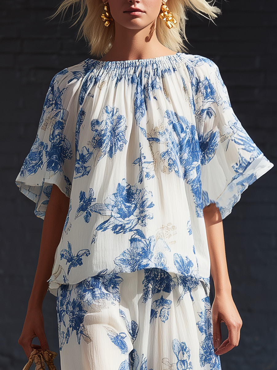 Casual White Chiffon Printed Short Sleeved Top And Wide Leg Pants Set