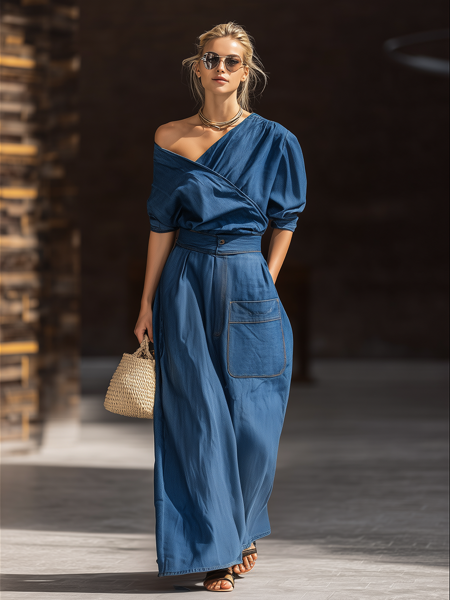 Retro-chic One-shoulder Asymmetrical Collar Top And Large-pocket Skirt Denim Set