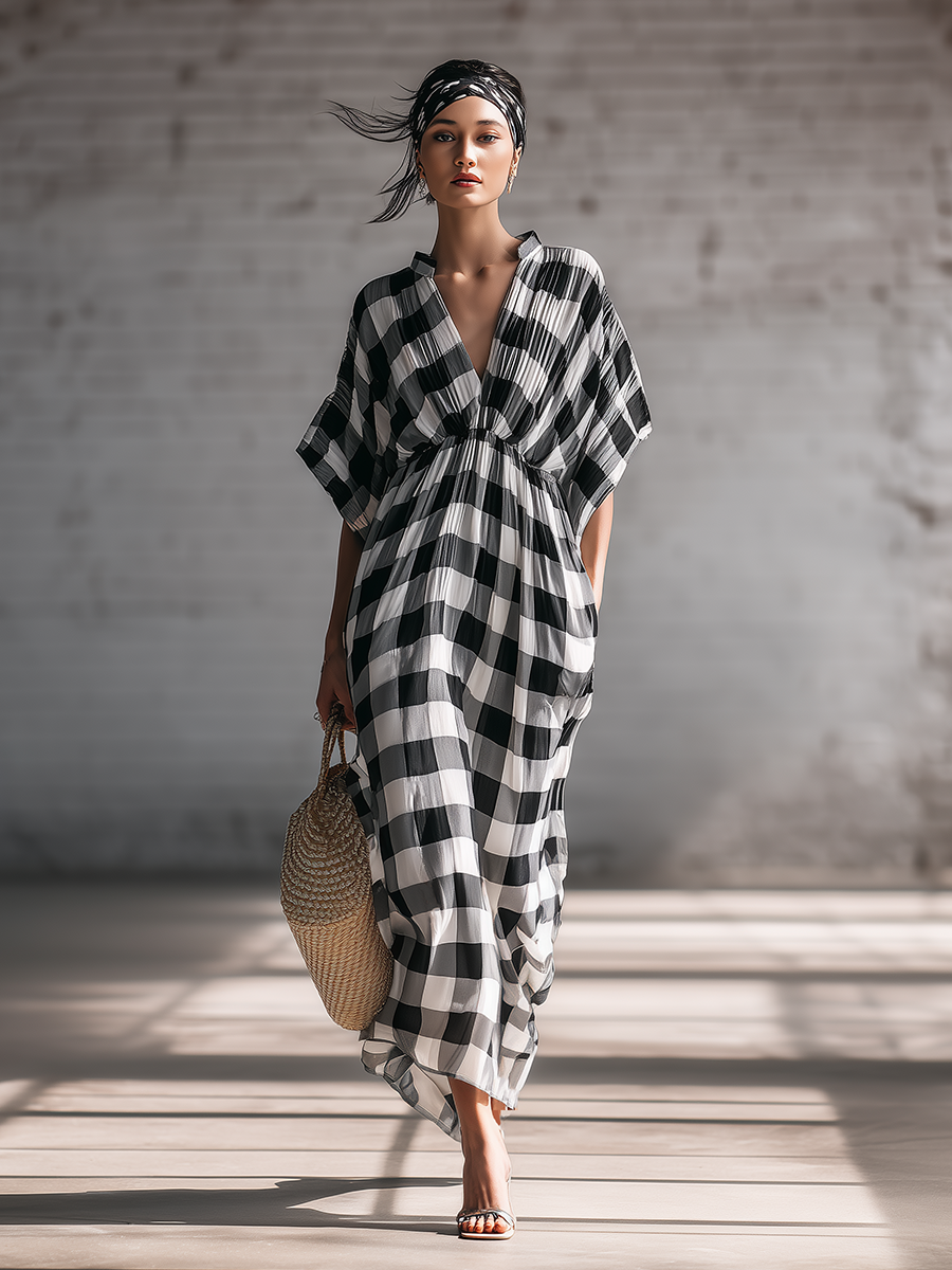 Casual Black And White Chiffon Plaid V-neck Short Sleeved Midi Dress