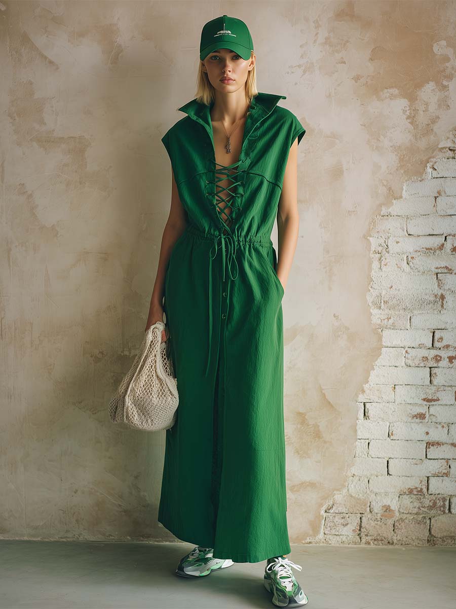 Retro Casual Urban Style Lapel Front-tie Emerald Green Cotton Maxi Dress
