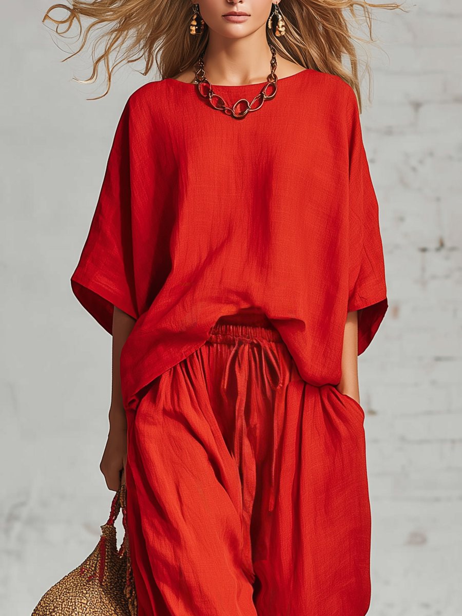 Casual Red Cotton And Linen Batwing Sleeve Top And Wide Leg Pants Set